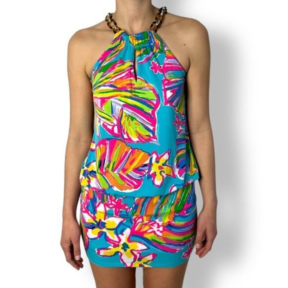 Lilly Pulitzer Sienna Halter Mini Dress Chain Straps Haze Sea Blue Summer Sz XXS